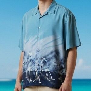 Vintage Koman Sport Mens XL  Abstract Graphic Print Blue Hawaiian Button Up